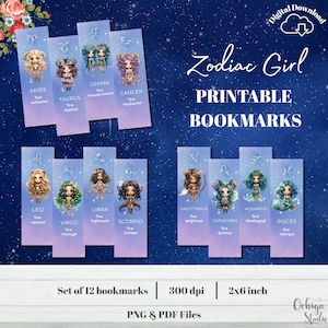Magical Zodiac Girl Printable Bookmarks – Cute & Cosmic, All 12 Star Signs | PNG and PDF | Horoscope Girls | Chibi | Astrology | Kawaii