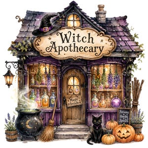 May include: A purple apothecary shop illustration with a sign reading Witch Apothecary and Magic Inside. Features include a black witch hat, hanging herbs, potion bottles, a steaming black cauldron, a broom, a black cat, and pumpkins.