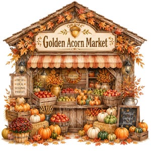 May include: A wooden market stall with a sign reading Golden Acorn Market, decorated with autumn leaves. The stall displays crates of red apples, green pears, pumpkins, and gourds. A sign reads Fresh Local Seasonal Produce and another Thankful Grateful Blessed.