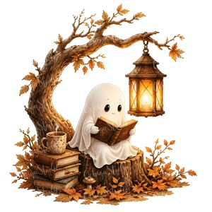 Peut inclure: Un personnage fantôme blanc est assis sur une souche d'arbre en lisant un livre. À côté du fantôme se trouve une pile de trois livres surmontée d'une tasse mouchetée. Une lanterne allumée est suspendue à une branche d'arbre courbée.