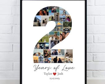 Custom 2 Year Anniversary Photo Collage– Personalized Printable Gift for Him or Her, Cute Number Collage, Digital Download, Couple Prints