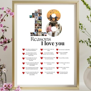 Puede incluir: Una impresión enmarcada con el texto "Reasons I love you". El número "18" está formado con fotos. La impresión incluye una lista de razones con iconos de corazón rojo. El marco es dorado.