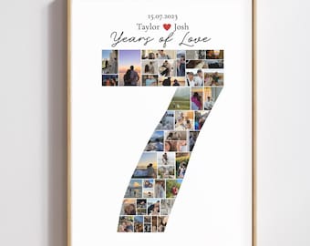 Benutzerdefinierte Fotocollage zum 7. Jahrestag - personalisiertes druckbares Geschenk für Sie oder Ihn, romantische Collage für Paare, digitale Collage zum 7