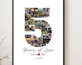Custom 5 Year Anniversary Photo Collage – Personalized Printable Gift for Him or Her, Romantic Canva number collage, Digital Couple Prints
