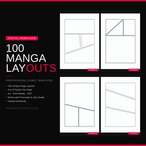 May include: A digital download featuring 100 manga layouts and professional comic templates. The black background displays white text including 100 MANGA LAYOUTS, PROFESSIONAL COMIC TEMPLATES, and ASMAAARTDESIGNS, alongside four white rectangular page templates.