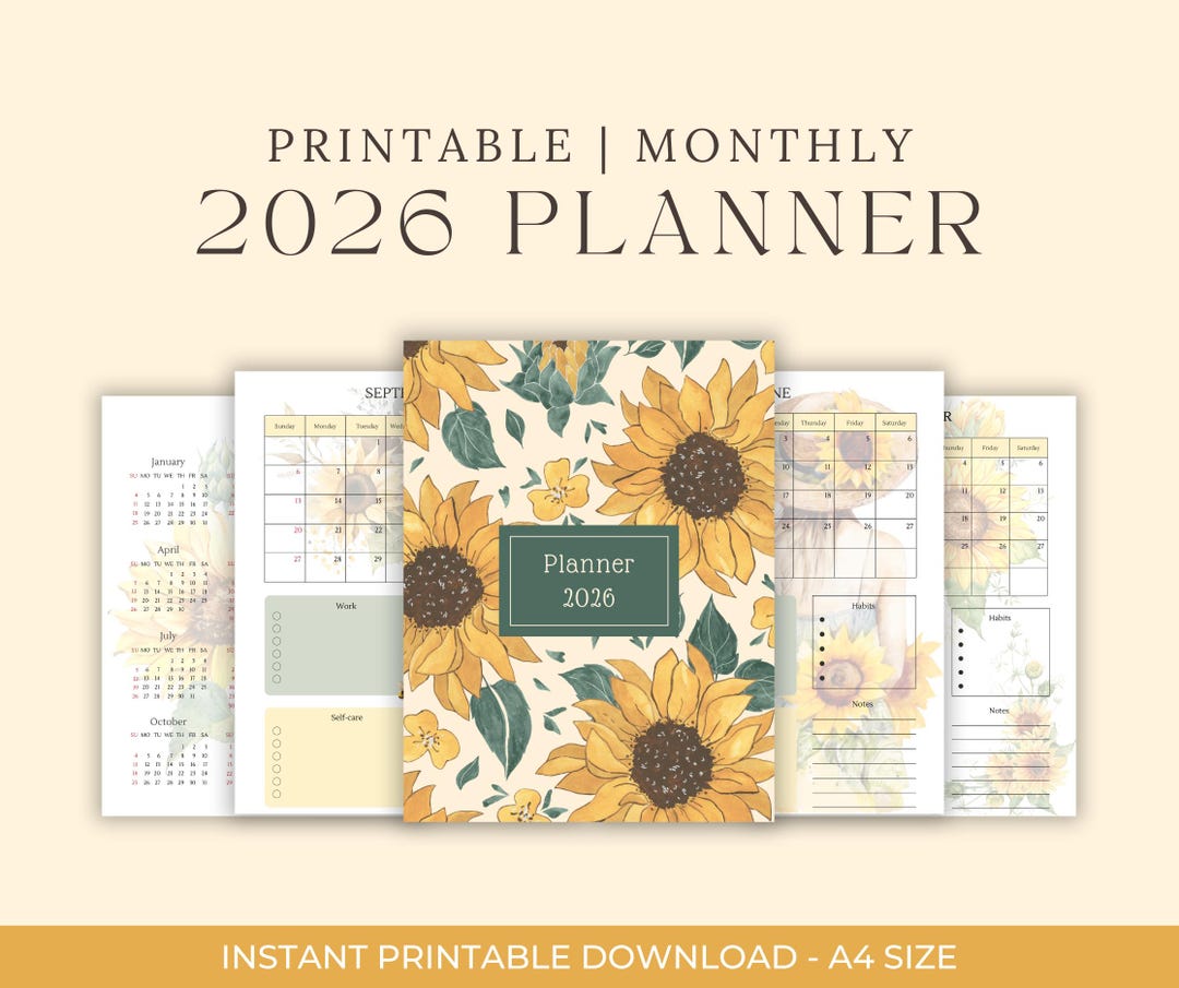 Sunflower Monthly Planner 2026: Printable Calendar (instant Download ...
