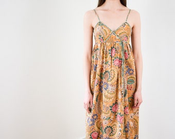 Vintage 1970s Saks Cotton Sundress | XXS/XS |  70s / 80s Batik Style Floral Print Wrap Dress | Saks 5th Ave