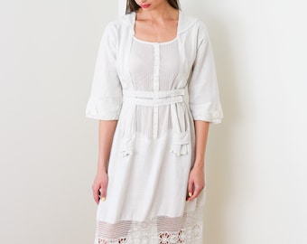 Antique Edwardian Linen Lawn Dress | XS | 1900s Victorian Dress with Lace | Alternative Wedding Dress