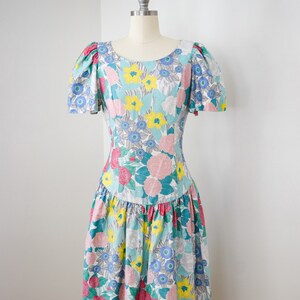 Vintage Belle France Floral Print Dress | M | 1980s/1990s Cotton Dress with Butterfly Sleeves and Dropped Waist | Jane Schaffhausen