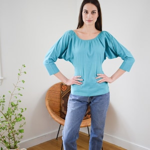 Vintage 1990s Norma Kamali Teal Cotton Blouse | XXS/XS | 90s  Crinkle Cotton Top with Batwing Dolman Sleeves and Scooped Elastic Neckline