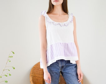 Reworked Antique Ruffle Blouse | S | Vintage/Antique Cotton Tunic Top with Ruffle Ho-Low Hem and Ruffle Collar