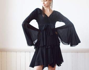 Vintage Norma Kamali Ruffle Dress XS S 1980s 1990s Black Chiffon