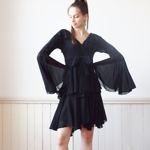 Vintage Norma Kamali Ruffle Dress | XS/S | 1980s/1990s Black Chiffon Babydoll Wrap Dress with Angel Sleeves | OMO Norma Kamali