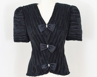 Vintage Micro Pleated Black Satin Blouse | M-L