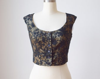 Vintage 1990s Kenzo Metallic and Flocked Bodice | M | 90s Gold And Black Floral Fitted Vest | Top