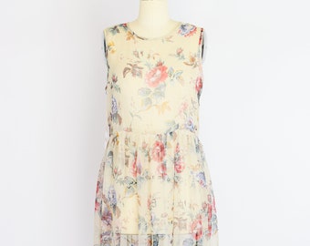 May include: A sheer, sleeveless maxi dress with a floral print in shades of pink, blue, and green on a cream background.