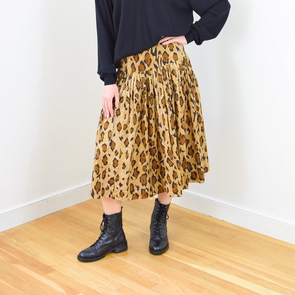 Vintage 1990s Norma Kamali Leopard Print Skirt | XS/S | 90s Cotton Full Midi Skirt Animal Print