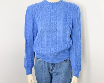 Vintage 1990s Brook Brothers Sweater | S | Blue Handknit Popcorn Cable Knit Pullover Sweater | with Puff Sleeves