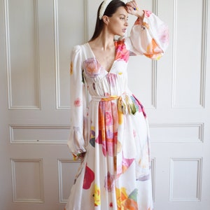 Vintage Y2K Isaac Mizrahi Painted Silk Gown S Designer Floral Print Gown Bridal Wedding Dress image 1