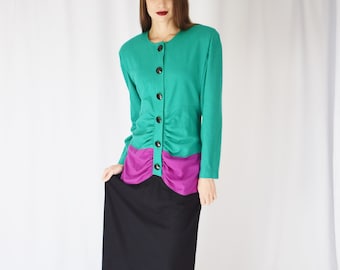 Vintage 1980s Oscar de la Renta Colorblock Gown | M | 80s/1990s  Green Purple and Black Full Length Wool Dress