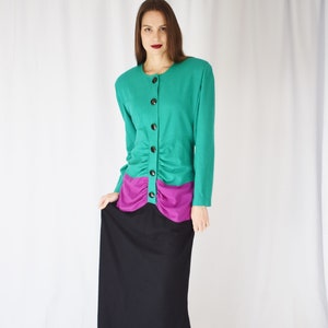 Vintage 1980s Oscar de la Renta Colorblock Gown M 80s/1990s Green Purple and Black Full Length Wool Dress image 1