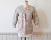 Vintage Reversible Quilted Jacket 1980s Lightweight Jacket Floral Print and Pink Stripes Small-Medium