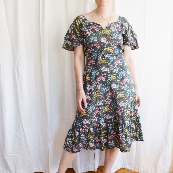 1970s Floral Print Cotton Gauze Dress | Size L