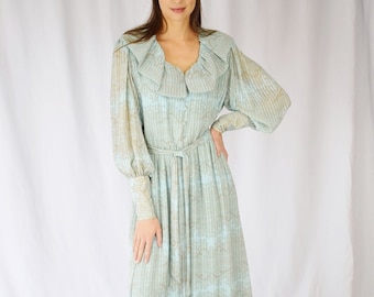 Vintage Hanae Mori Chiffon Gown | M/L | 1980s Blue and Silver Chiffon Dress | Wide Collar, Bishop's Sleeves | Floor Length