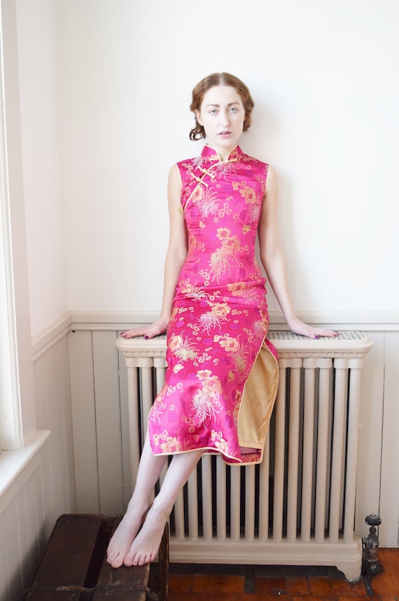 Electric Pink Silk Brocade Cheongsam | 1990s Dress