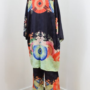 Antique 1920s Silk Pajama Robe and Pants Set M 20s Asian Floral and Umbrella Print Silk Robe and Lounge Pants Beach Pajamas image 2
