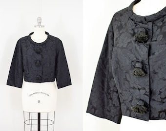 Vintage 1960s Silk Jacquard Jacket with Tassels | S-M | 1950s-60s Black Silk Cropped Jacket