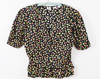 Vintage 1990s Ungaro Peplum Jacket | M | 80s/90s Cotton Puff Sleeve Blouse with Novelty Berry Print