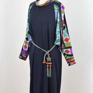 Vintage Early 1980s Leonard Paris Knit Dress L Black and Art Deco Print Silk and Wool Blend Jersey Gown With Belt Batwing Sleeves image 3