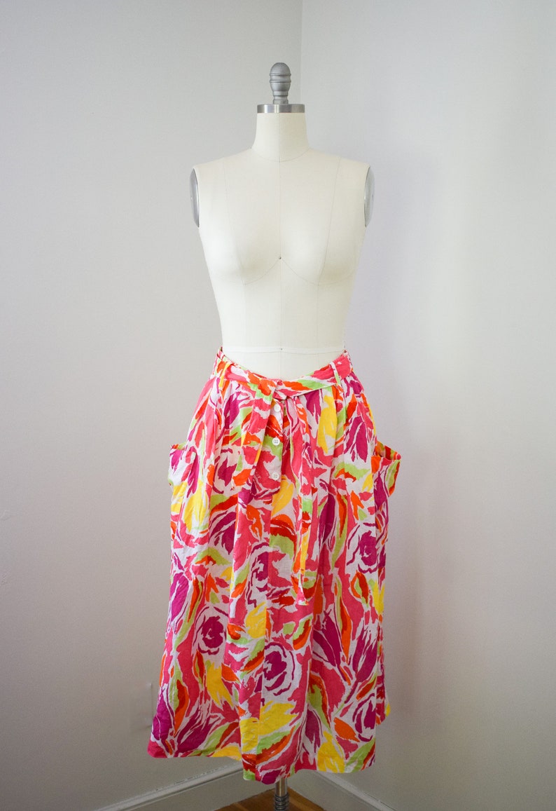 Vintage 1980s Guy Laroche Summer Dress Set M/L 80s Colorful Neon Linen and Cotton Skirt and Blouse image 8