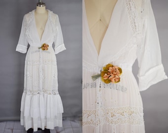 Antique Edwardian Lawn Dress | S/M | 1910s White Cotton and Lace Gown | Victorian | Bridal | Wedding
