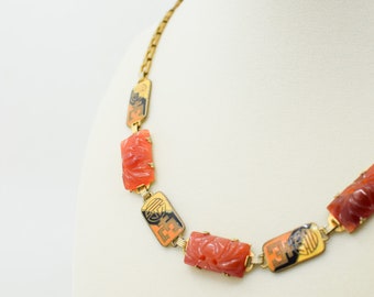 Vintage Art Deco Enamel, Glass and Brass Necklace | Carnelian | Asian Motifs