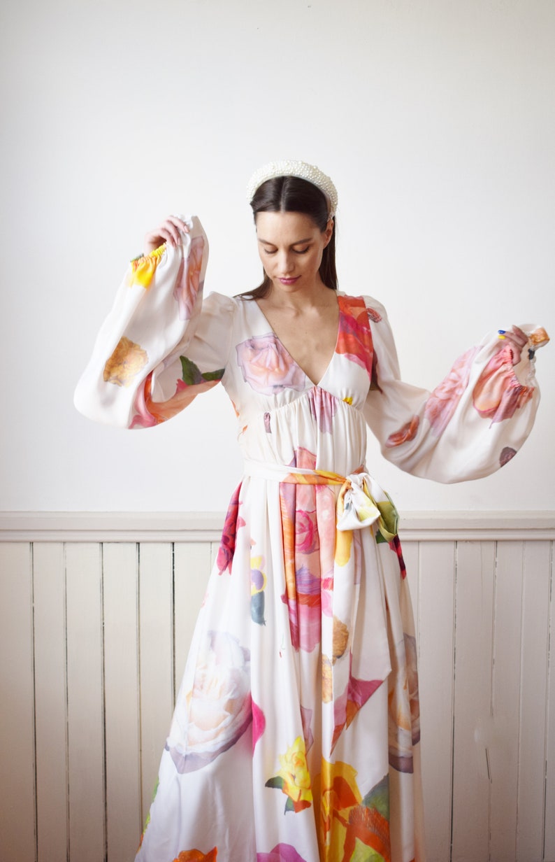 Vintage Y2K Isaac Mizrahi Painted Silk Gown S Designer Floral Print Gown Bridal Wedding Dress image 3