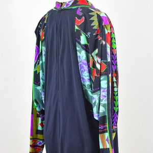 Vintage Early 1980s Leonard Paris Knit Dress L Black and Art Deco Print Silk and Wool Blend Jersey Gown With Belt Batwing Sleeves image 8