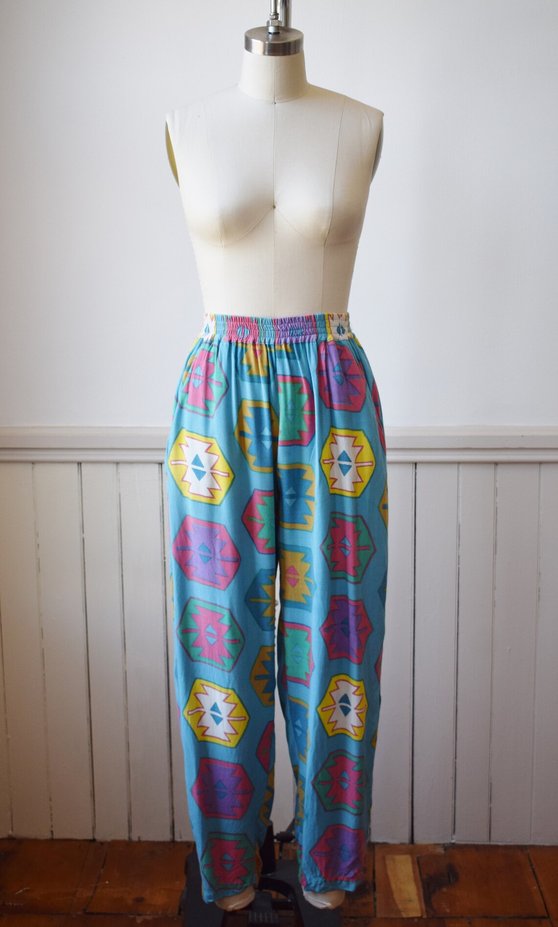 1980s Rayon Jam Pants Vintage 80 Bold Colorful Geometric Etsy