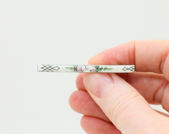 Edwardian Emaille Sterling Bar Pin | 1910 Art Deco Silber Brosche mit gemalten floralen Akzenten