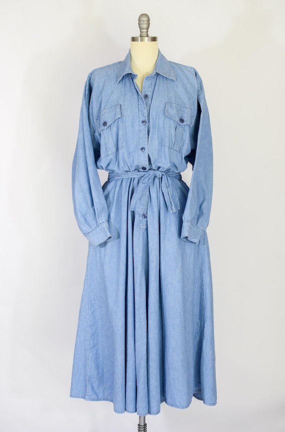 Vintage 1980s Norma Kamali Denim Dress | M | 80s-90s Lightweight Denim Button Front Dress | Designer