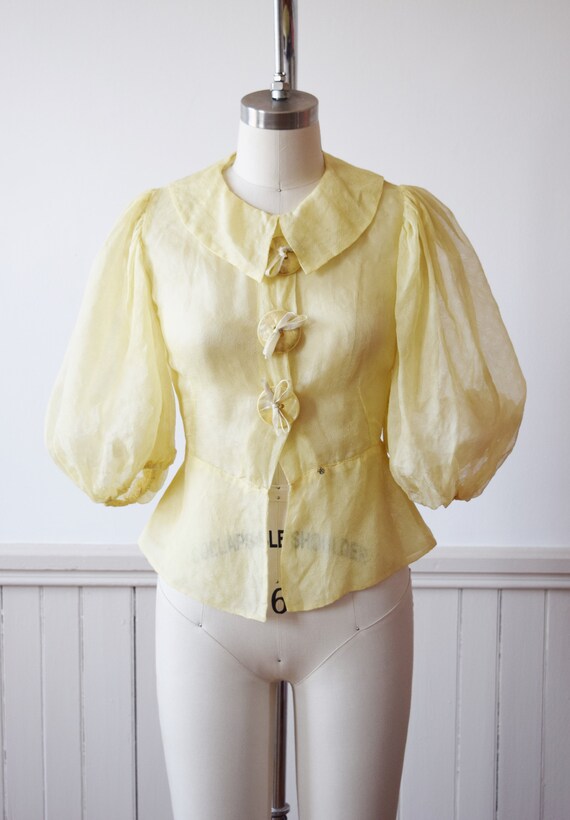 1930s Lemon Yellow Puff Sleeve Blouse with Large B
