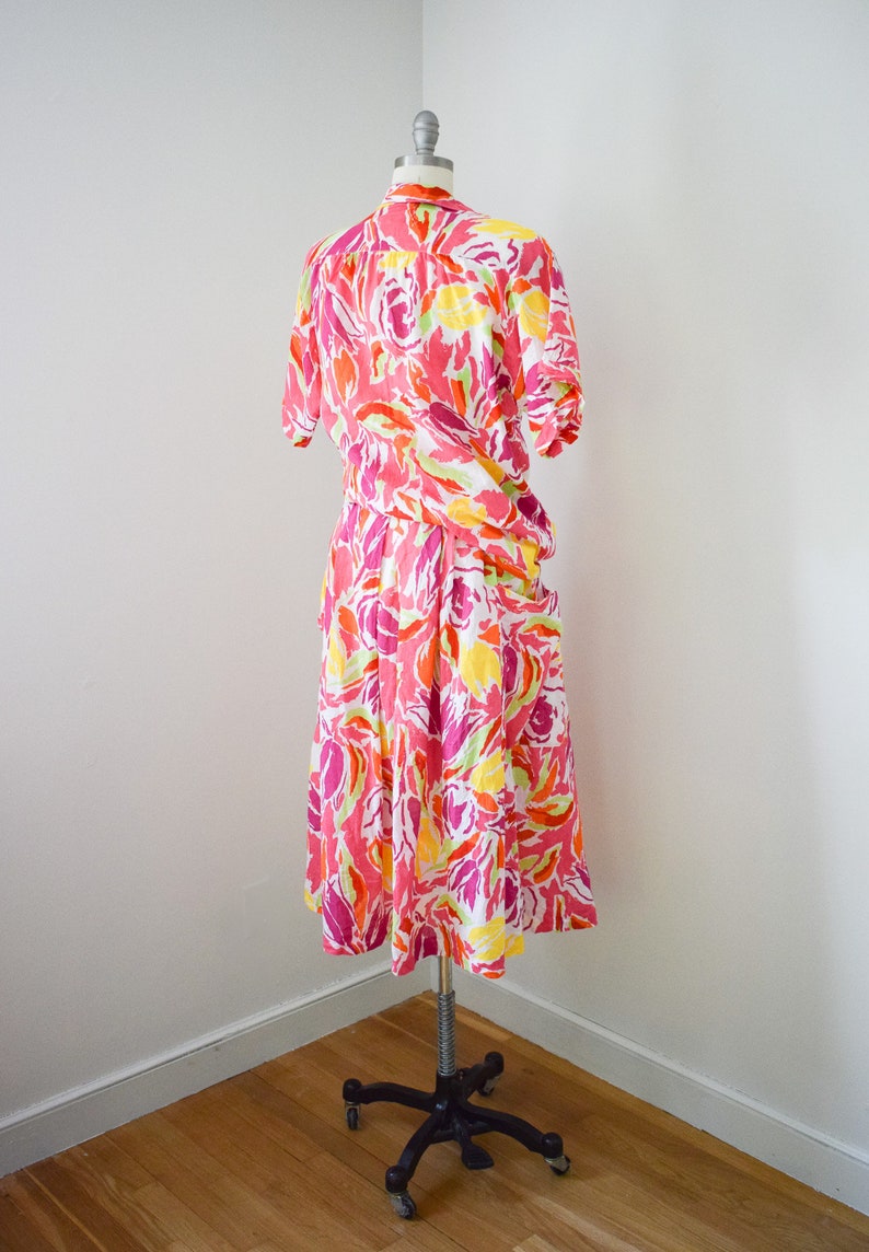 Vintage 1980s Guy Laroche Summer Dress Set M/L 80s Colorful Neon Linen and Cotton Skirt and Blouse image 3