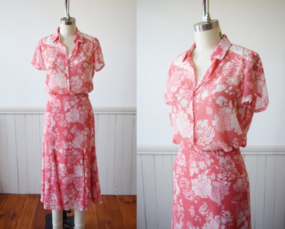 Vintage 1930s Style Pink Floral Dress Set | 1990s
