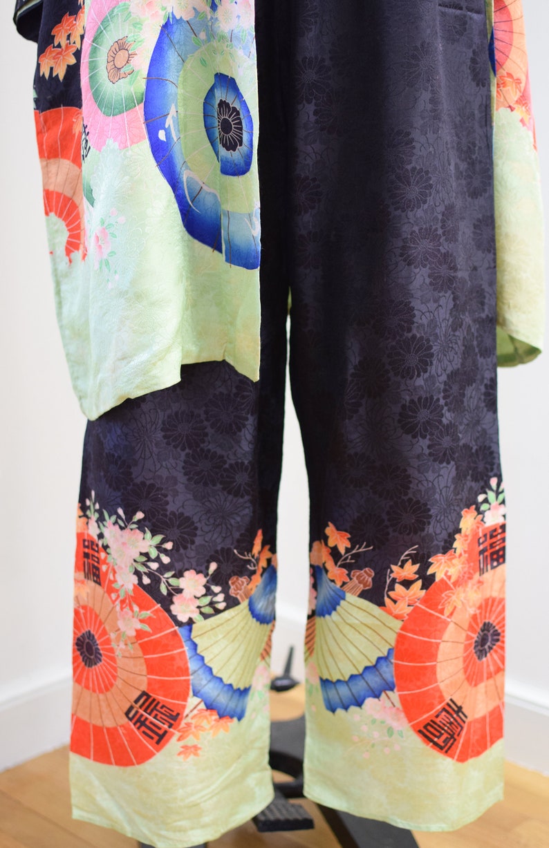 Antique 1920s Silk Pajama Robe and Pants Set M 20s Asian Floral and Umbrella Print Silk Robe and Lounge Pants Beach Pajamas image 3