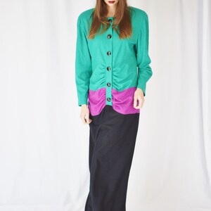 Vintage 1980s Oscar de la Renta Colorblock Gown M 80s/1990s Green Purple and Black Full Length Wool Dress image 7