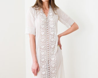 Antique 1920s Cotton and Lace Dress | XS | Vintage 20s White Dress with Embroidery