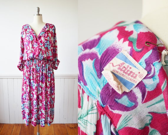 Vintage Adini Magenta Floral Dress | 1980s Rayon A