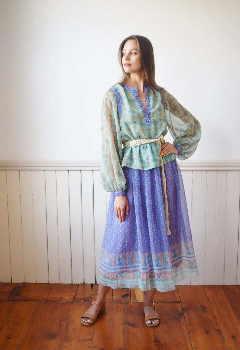 1970s Chiffon Peasant Dress Set S image 1