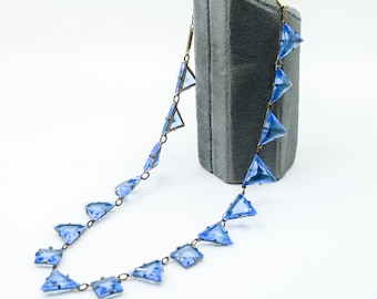 Antique 1920s/30s Art Deco Topaz Czech Glass Riviere Necklace | Faceted Blue Glass Vintage Necklace